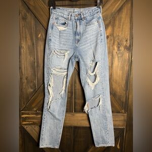 American Eagle Jeans Womens 2 Blue Distressed Highest Rise Mom Jean Ripped Denim